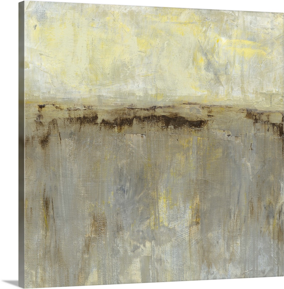 Contemporary abstract painting using gray tones and split contrasting colors.