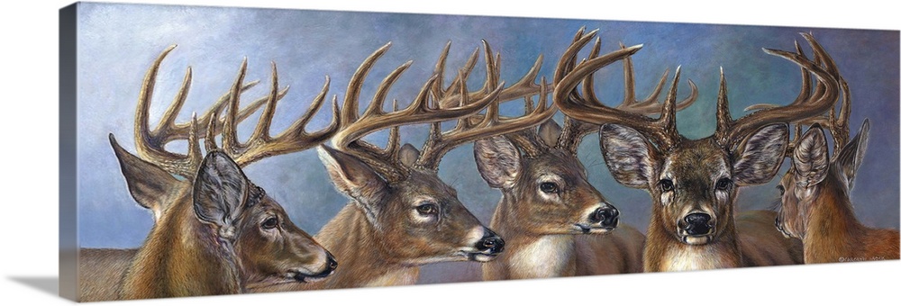 Contemporary painting of five male deer in a row.