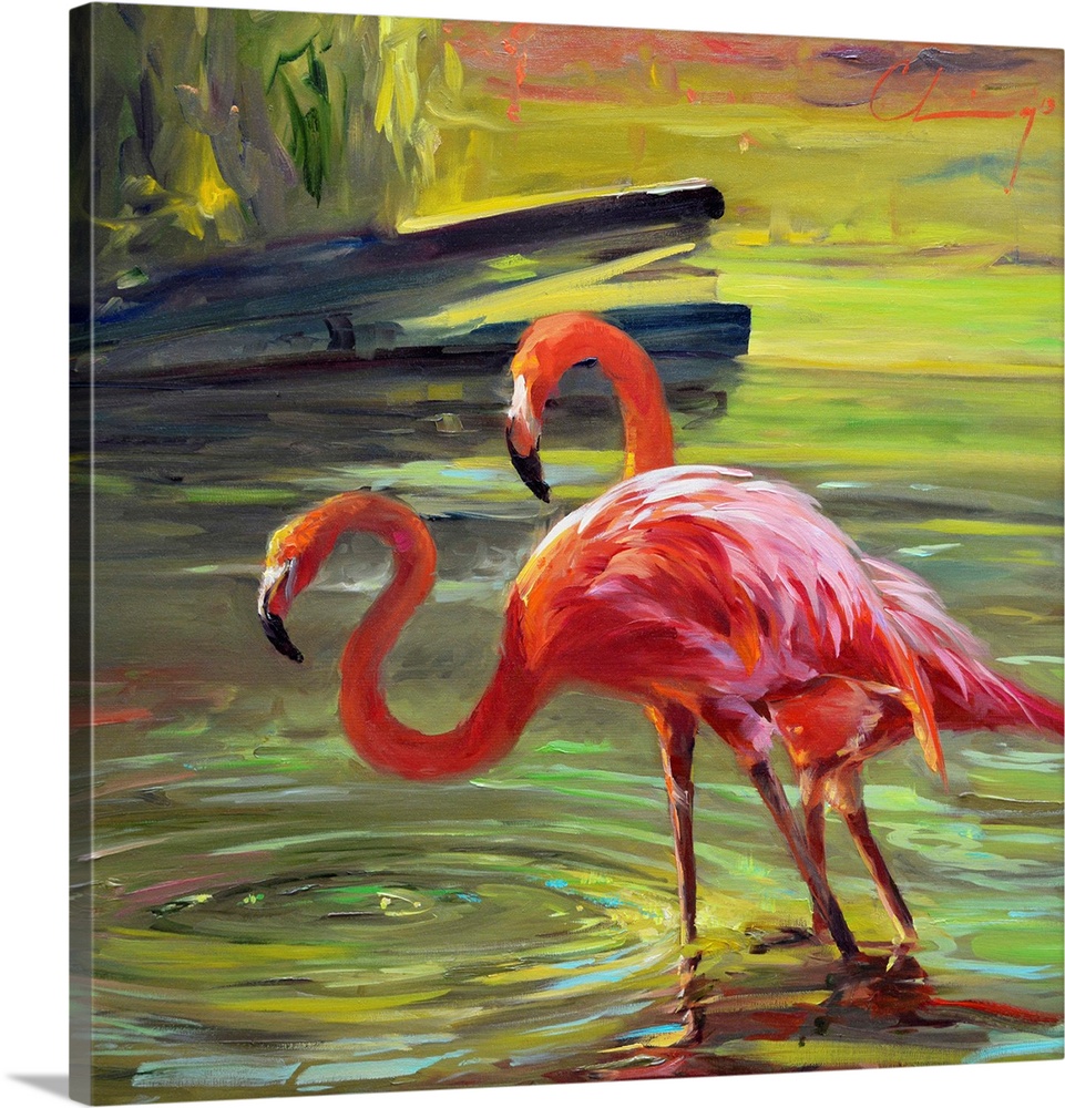 Painting of a flock of flamingos wading through water.