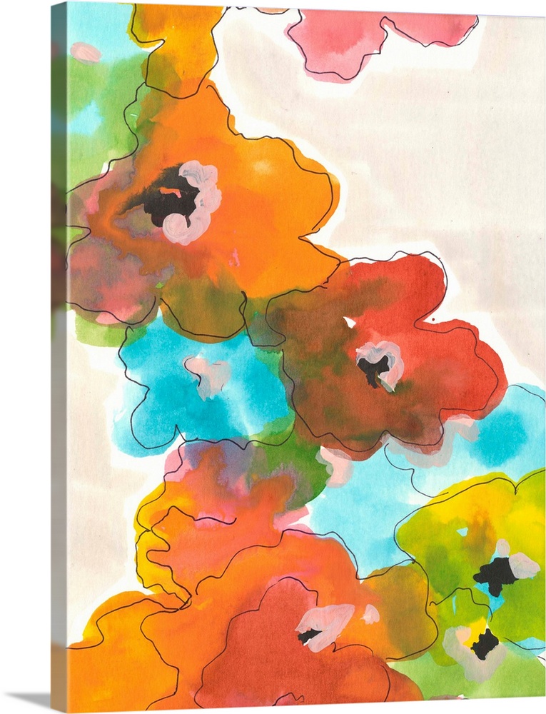 Painting of colorful flowers falling down against a neutral background.
