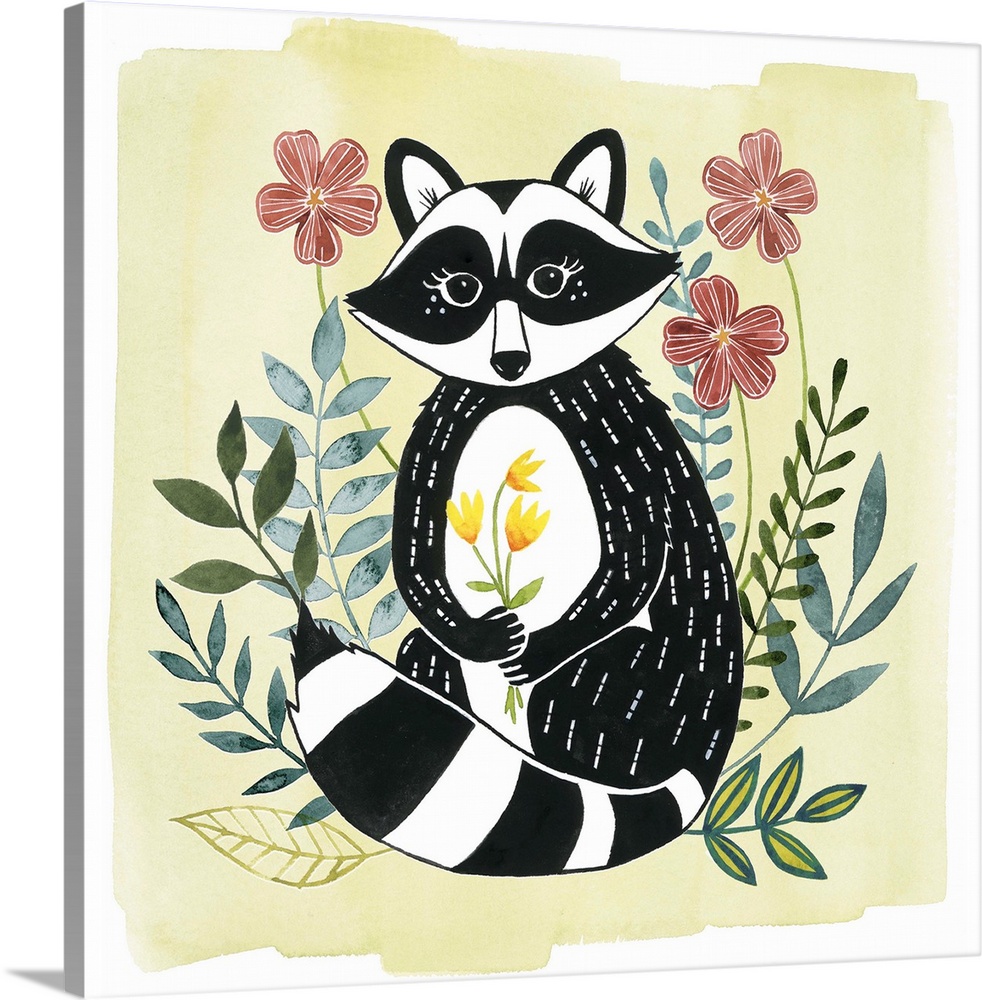 A square decorative design of a black and white raccoon surrounded by flowers on a pale yellow background.