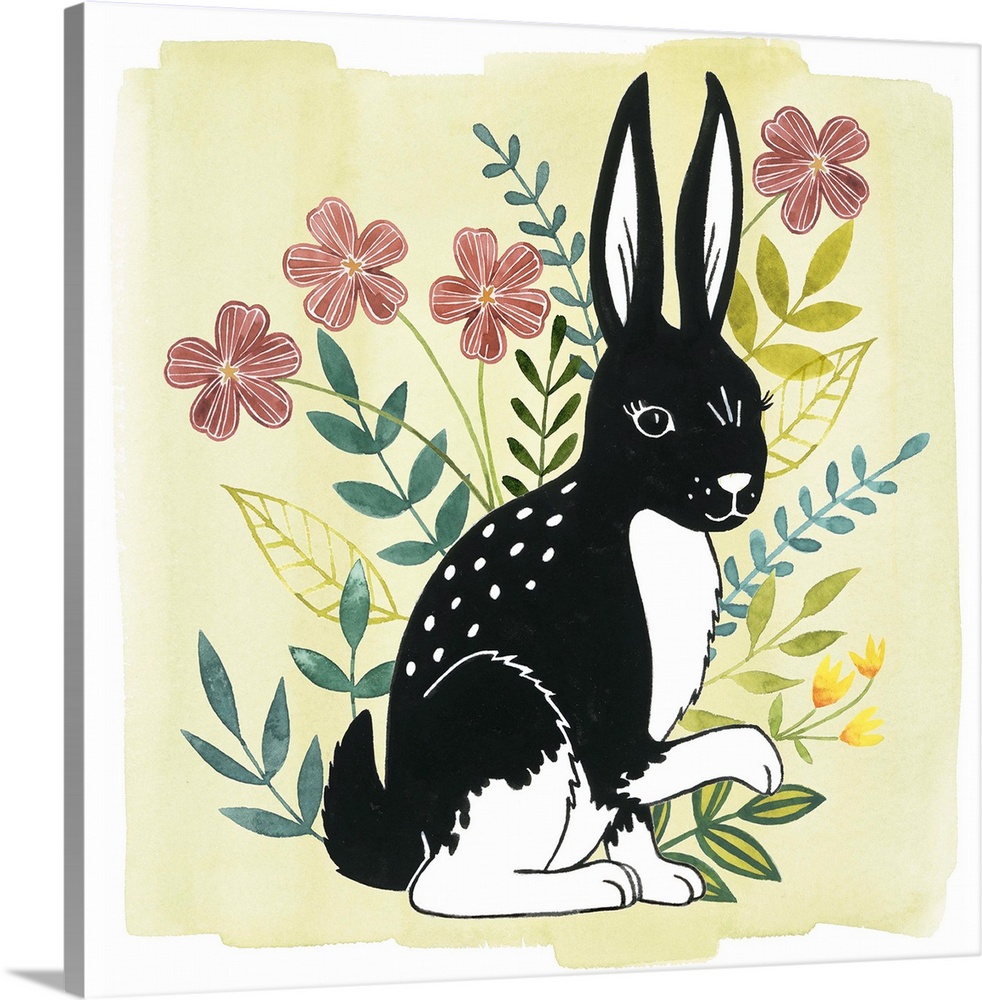 A square decorative design of a black and white rabbit surrounded by flowers on a pale yellow background.
