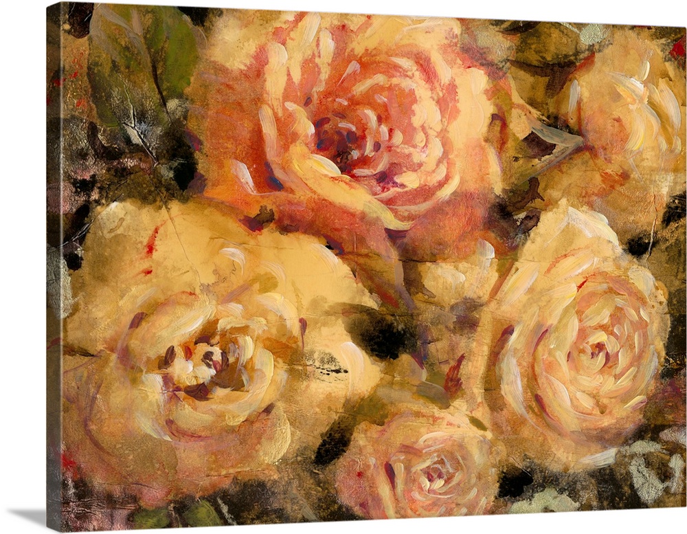 Contemporary artwork of of roses in bloom, in vintage shades of pink and yellow.