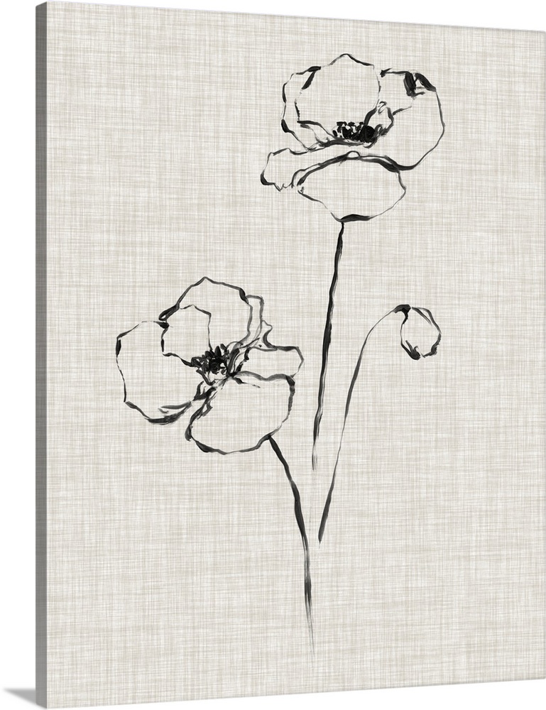 A black ink drawing of a flower against of beige linen background.