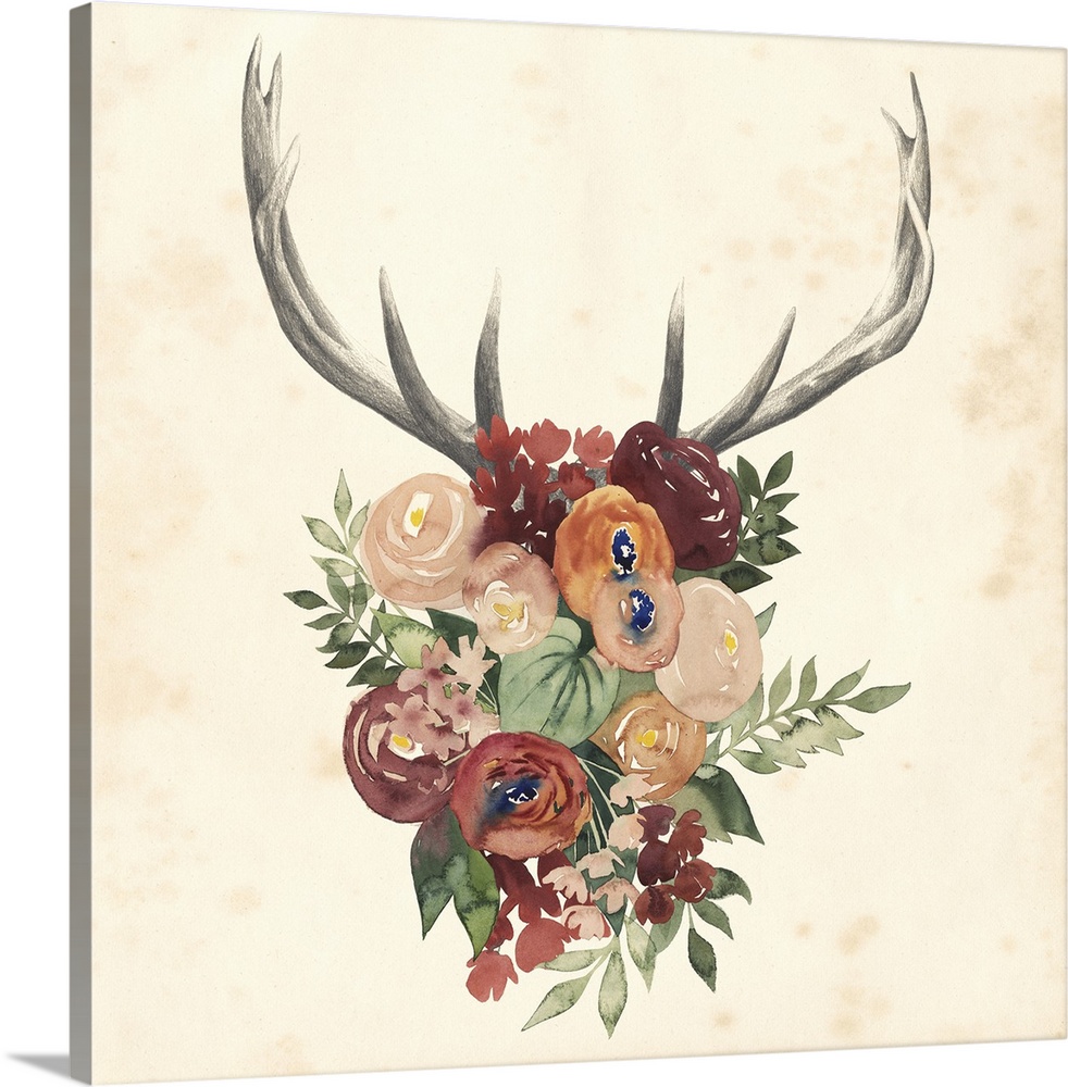 Artwork of a bouquet of flowers with deer antlers.