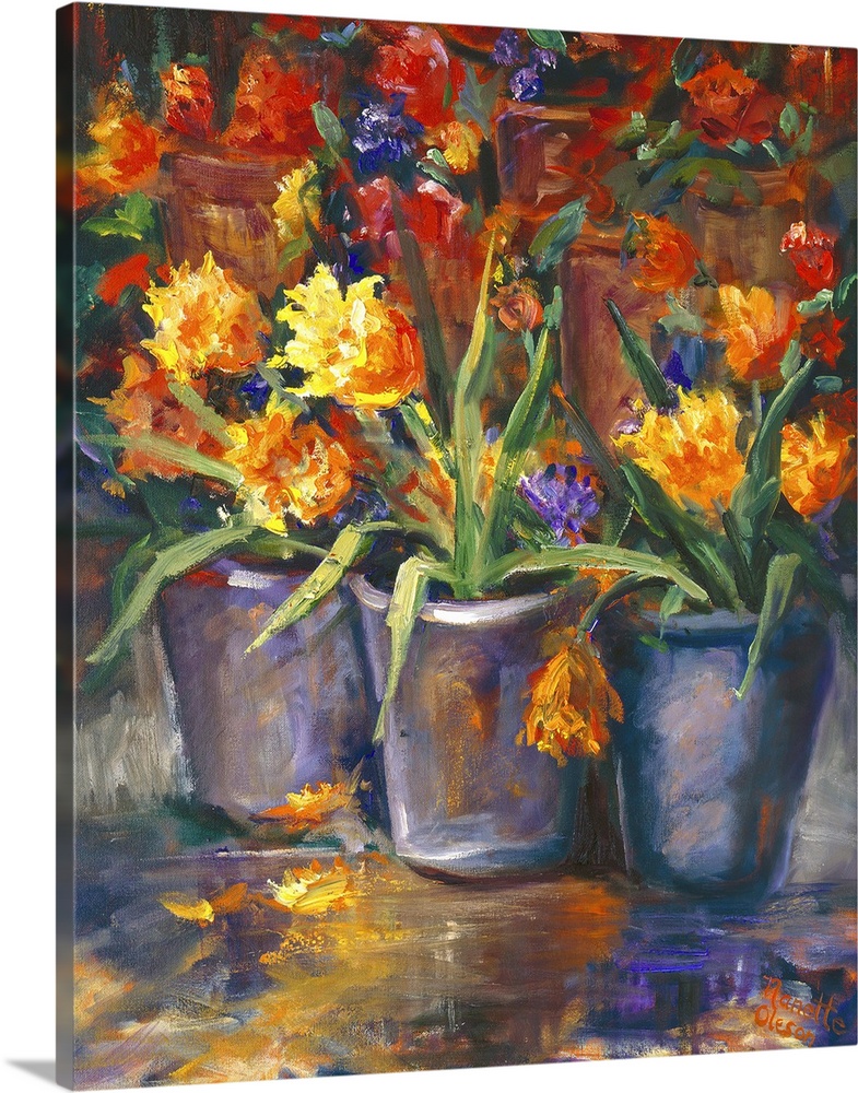 Still life painting of three vases full of bright flowers.