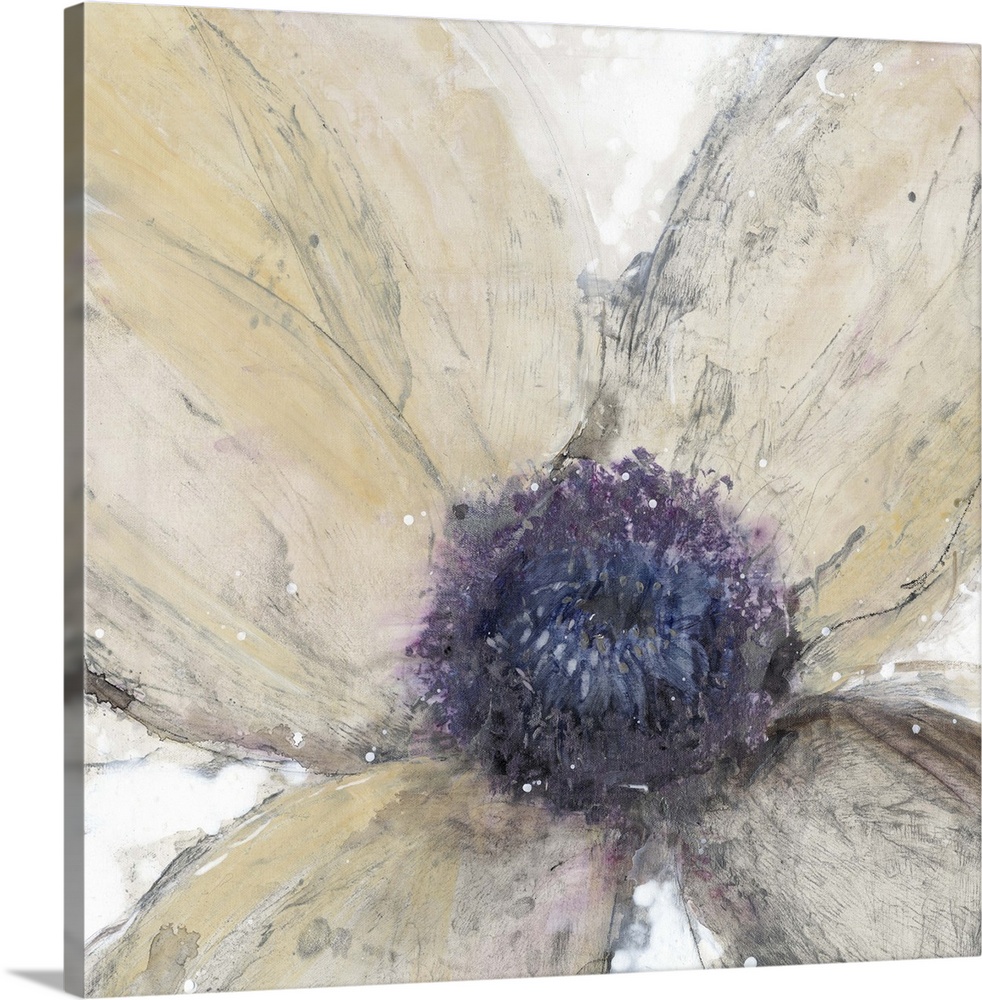 A contemporary painting of a close-up view of a cream toned flower with a purple center.