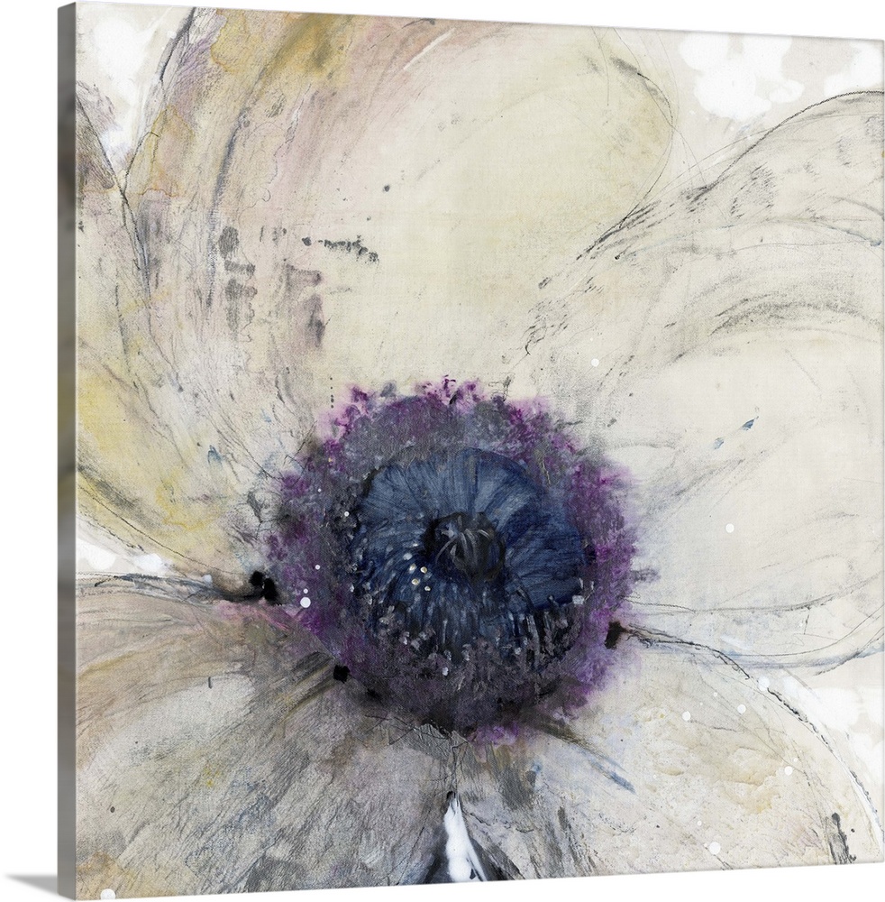 A contemporary painting of a close-up view of a cream toned flower with a purple center.
