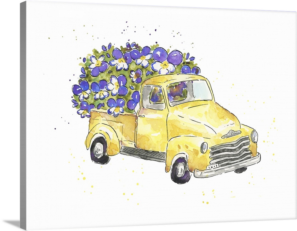 One painting in a series of watercolor scenes featuring a vintage truck packed full of plants and flowers.