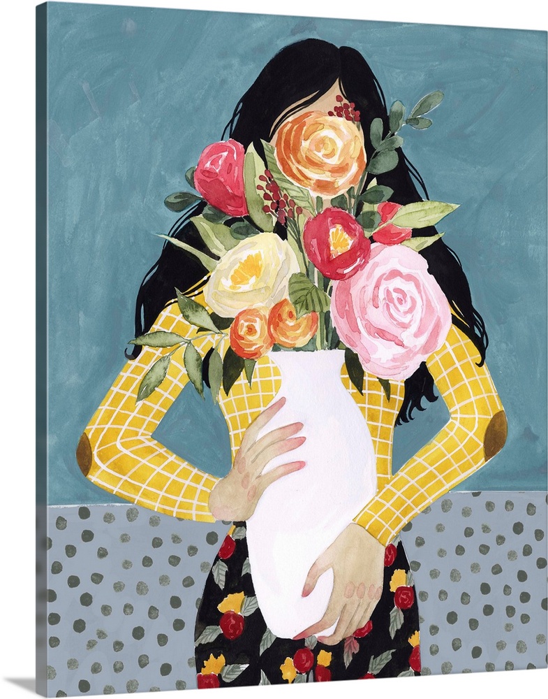 A whimsical contemporary illustration of a girl hidden behind the large vase of flowers she is carrying.