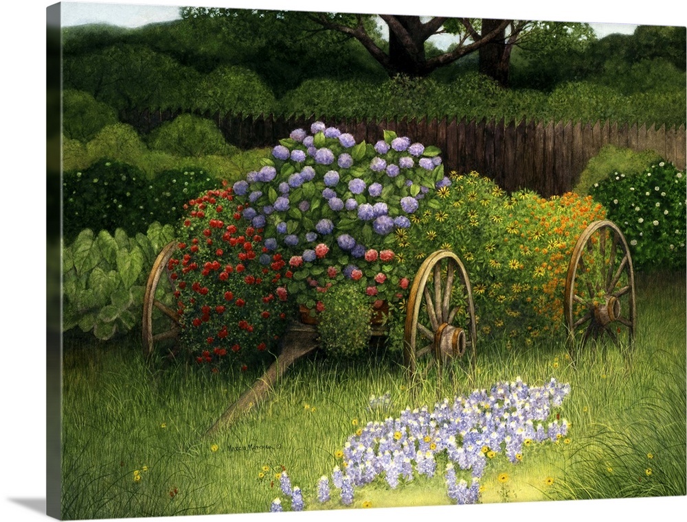 Illustration of an old wooden wagon overgrown with flowers and hedges.