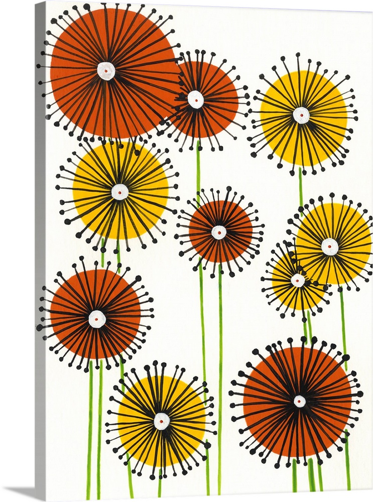 Vertical painting of circular yellow and orange flowers on a white background.