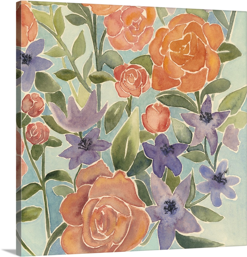 Contemporary artwork of a bouquet of watercolor flowers.