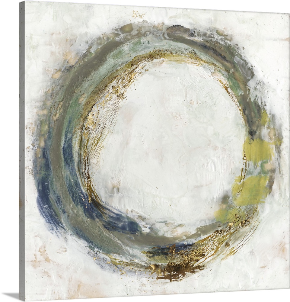 Abstract artwork of a circular shape in green and blue, with a gold leaf effect.