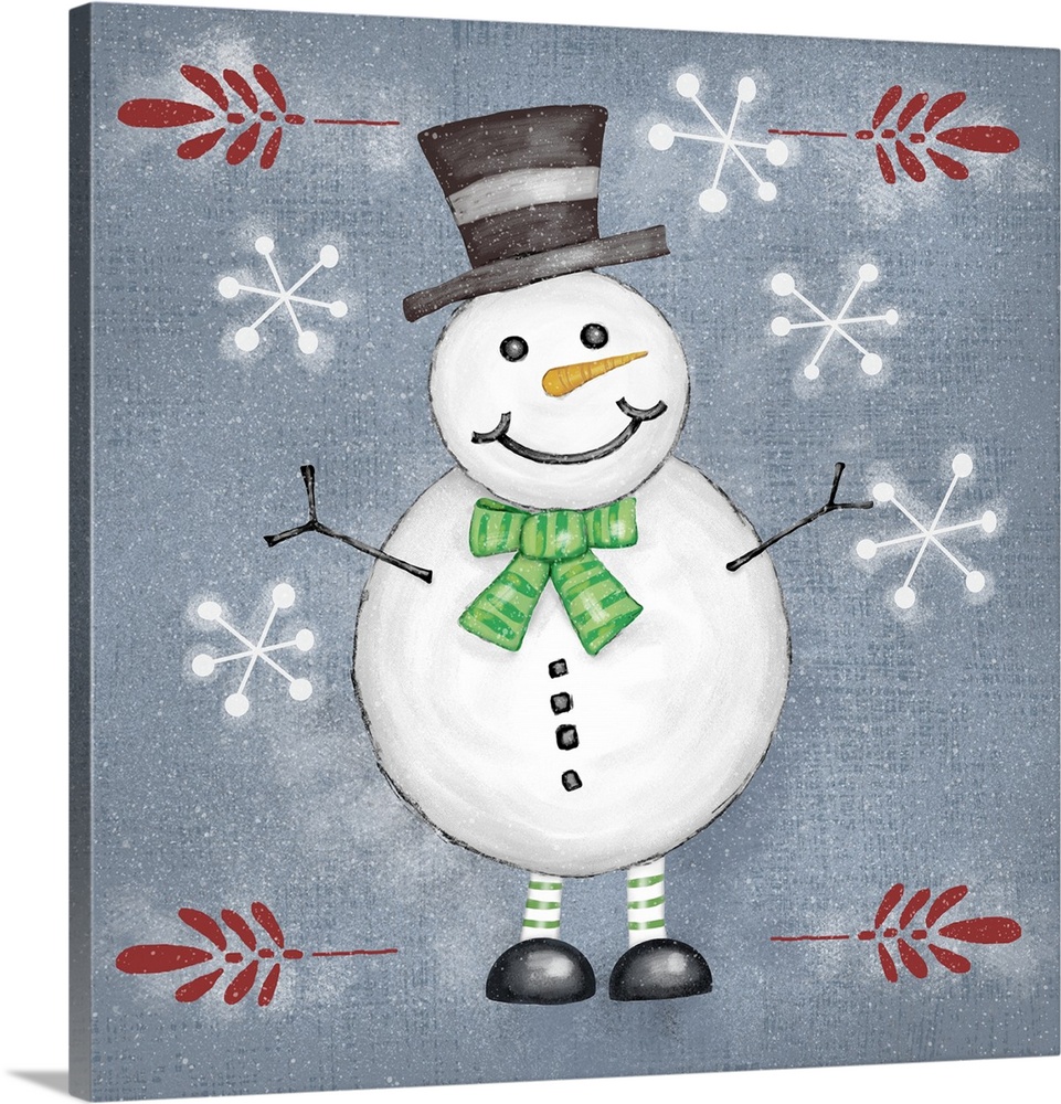 Decorative artwork featuring a round snowman and snowflakes with paint splattered throughout.