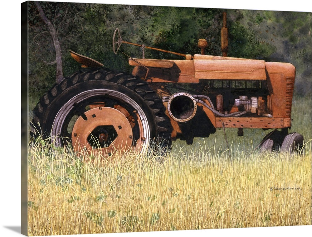 Illustration of an old red tractor forgotten in a field.