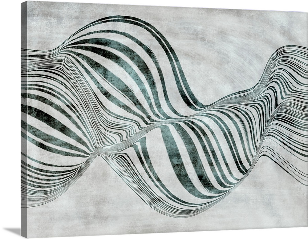 A sinuous and wavy set of grey green lines on a mottled grey background suggest rippling fabric or ocean waves in this con...