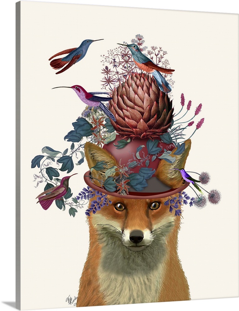 Digital illustration of a fox wearing a hat covered with flowers on an artichoke surrounded by birds.