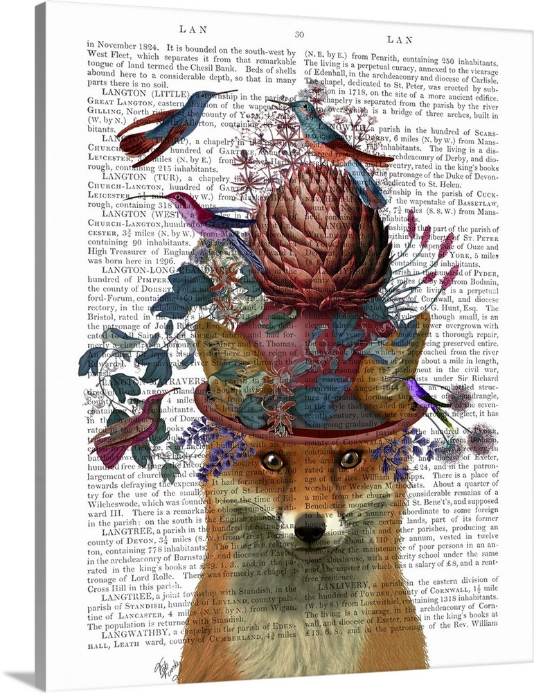 Digital illustration of a fox wearing a hat covered with flowers on a artichoke surrounded by birds on a book page.