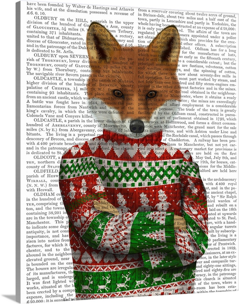Decorative artwork of a fox wearing a Christmas sweater, painted on the page of a book.