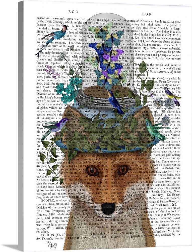 Decorative artwork with a fox balancing a bell jar with butterflies flying inside on top of its head, painted on the page ...