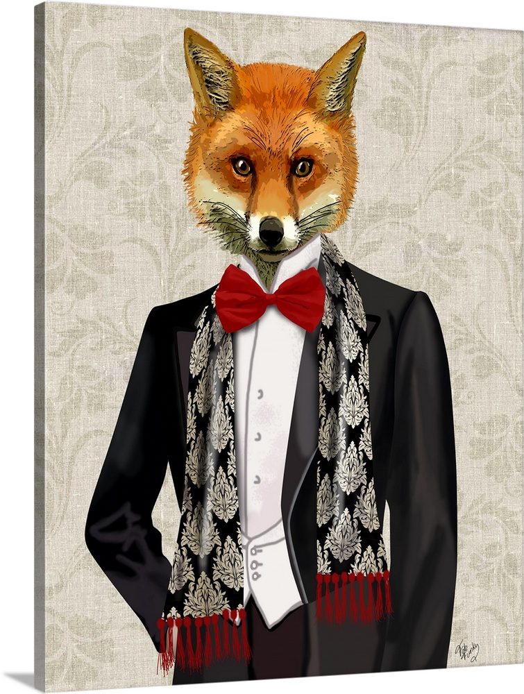 An anthropomorphic fox wearing a suit with a red bow tie.
