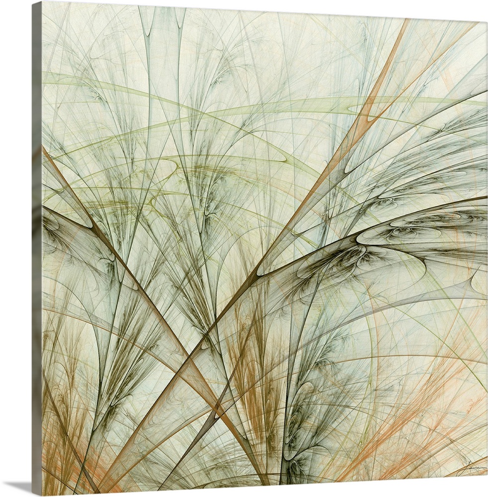 Abstract artwork that consists of grass like patterns in various colors and going in several different directions.