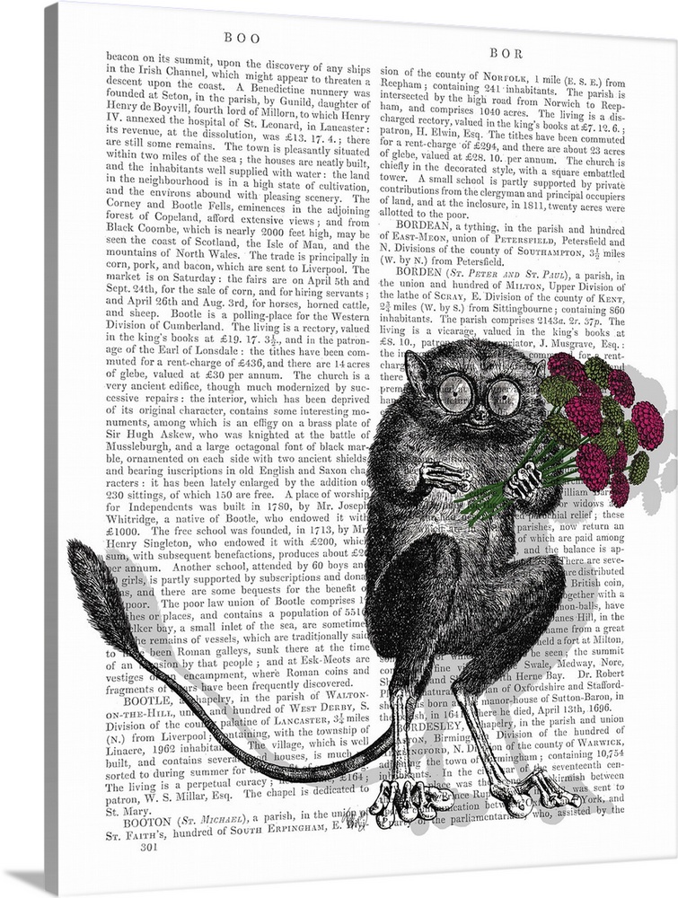 Decorative artwork of an animal holding a bouquet of red flowers painted on the page of a book.