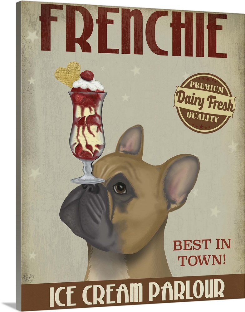 Decorative artwork of a French Bulldog Frenchie balancing an ice cream sundae on its nose in an advertisement for an ice c...