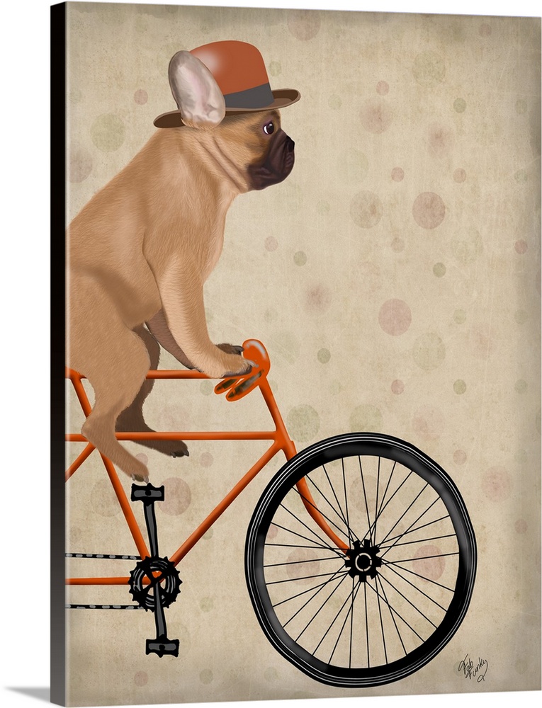 Decorative artwork of a French Bulldog riding on an orange bicycle and wearing an orange top hat.