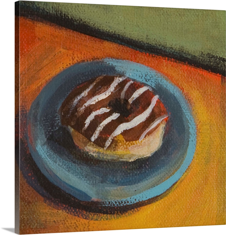 Contemporary painting of a chocolate frosted donut on a blue plate.