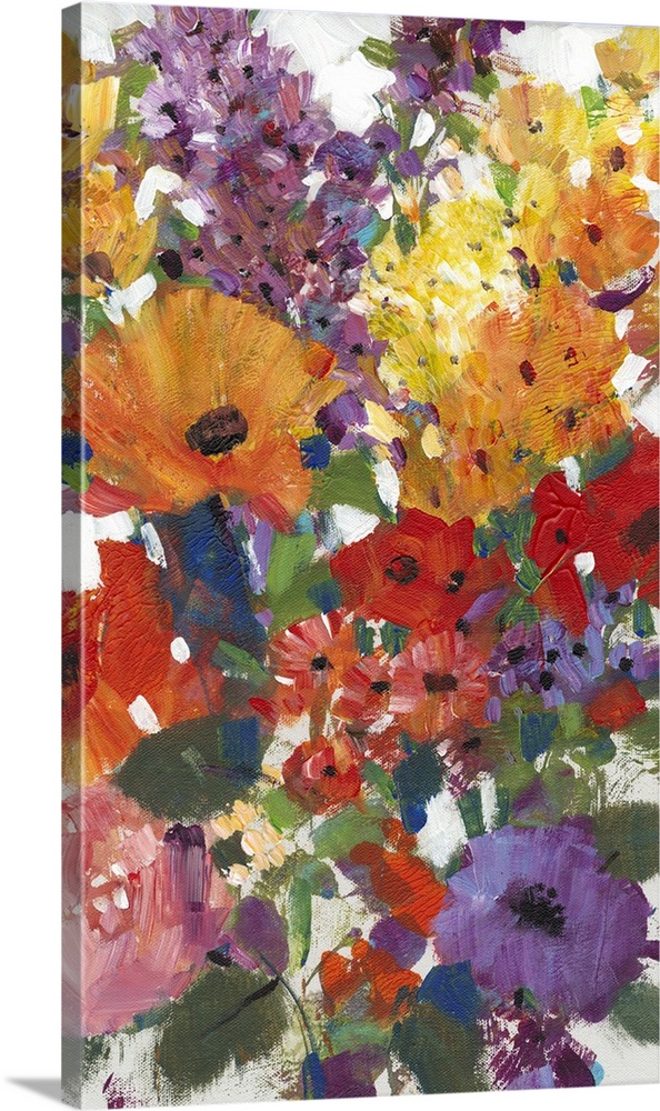 Contemporary artwork of a rainbow colored bouquet of flowers.