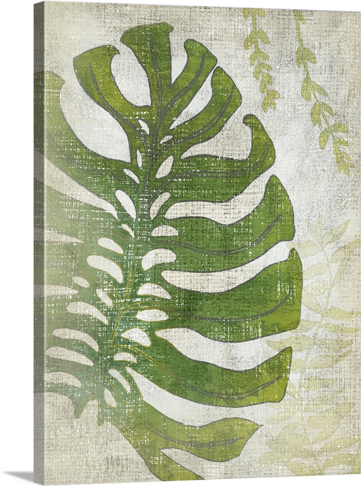 Vertical decor with an illustrated palm leaf on a textured neutral colored background.