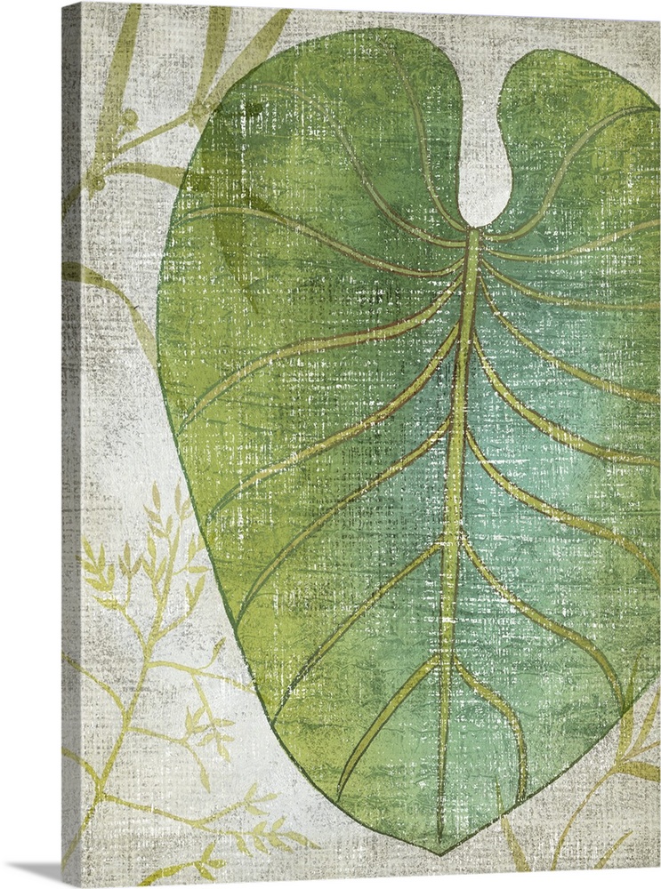 Vertical decor with an illustrated tropical leaf on a textured neutral colored background.