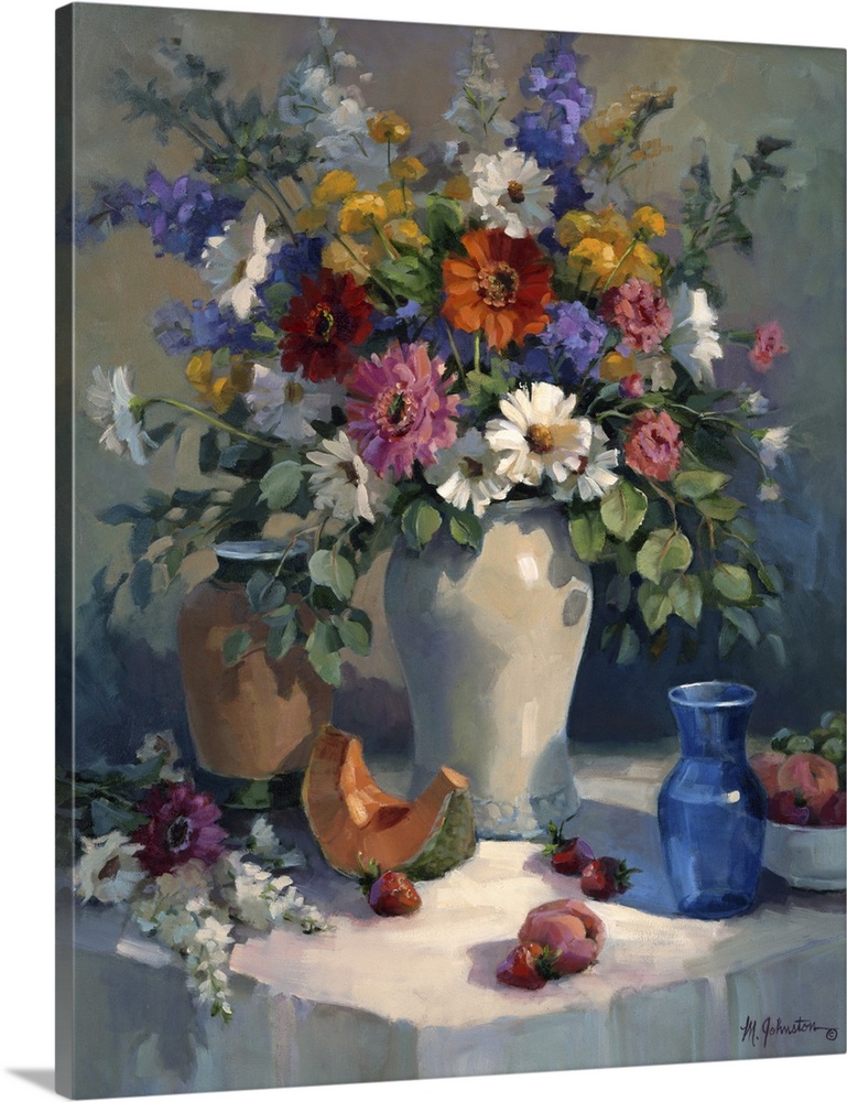 Contemporary still-life painting of a decorative vase holding colorful flowers.