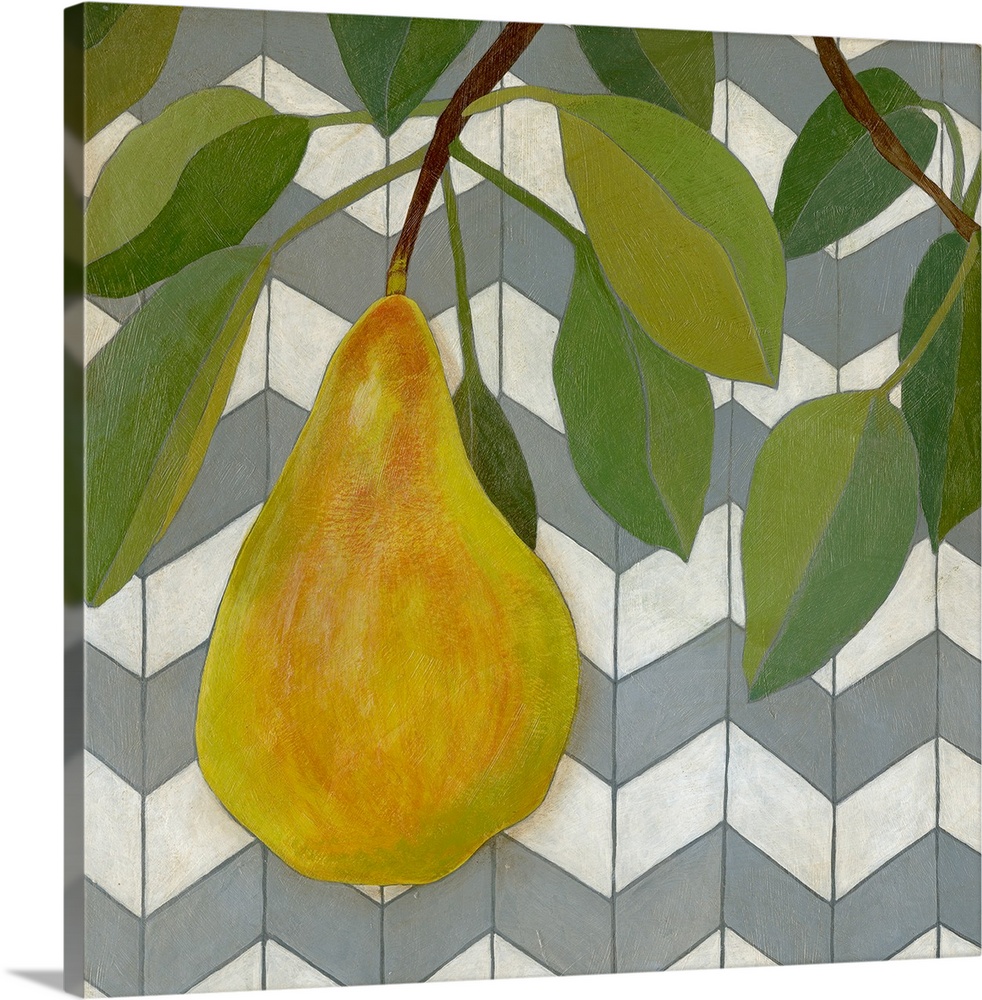 Giant, square artwork of a golden pear hanging from a leafy branch, on a slatted background with a chevron pattern.