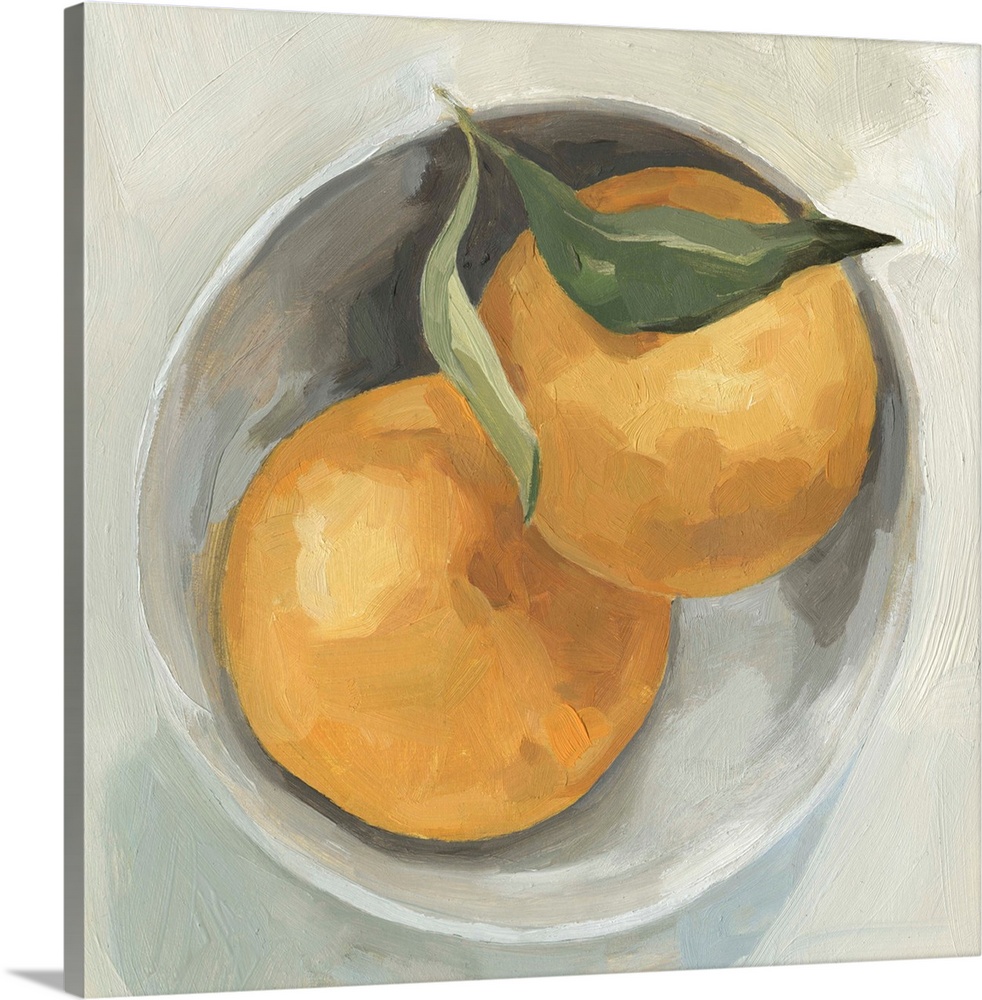 A square contemporary painting of a gray bowl full of grapefruit.