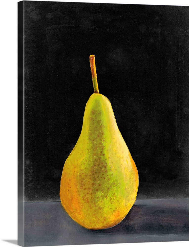 Painting of a single pear sitting on a dark shelf.