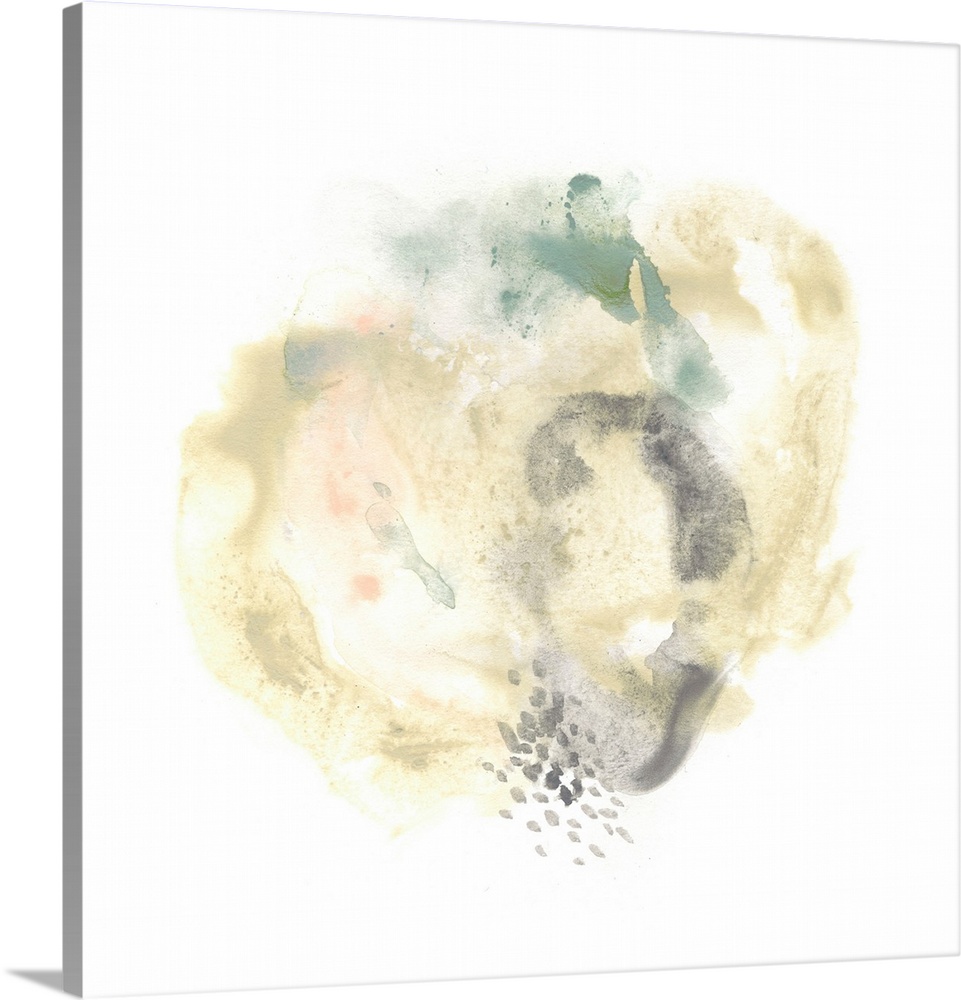 Abstract watercolor painting in a round organic shape in grey and pale yellow-green.