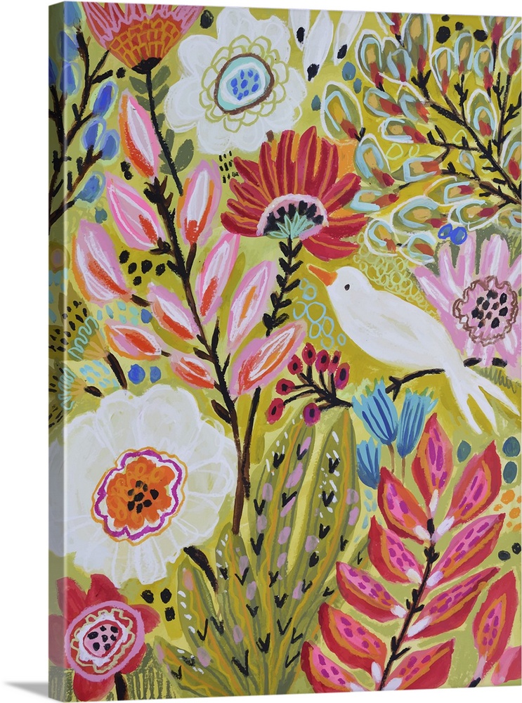 A colorful contemporary painting of a white bird in a flower garden.