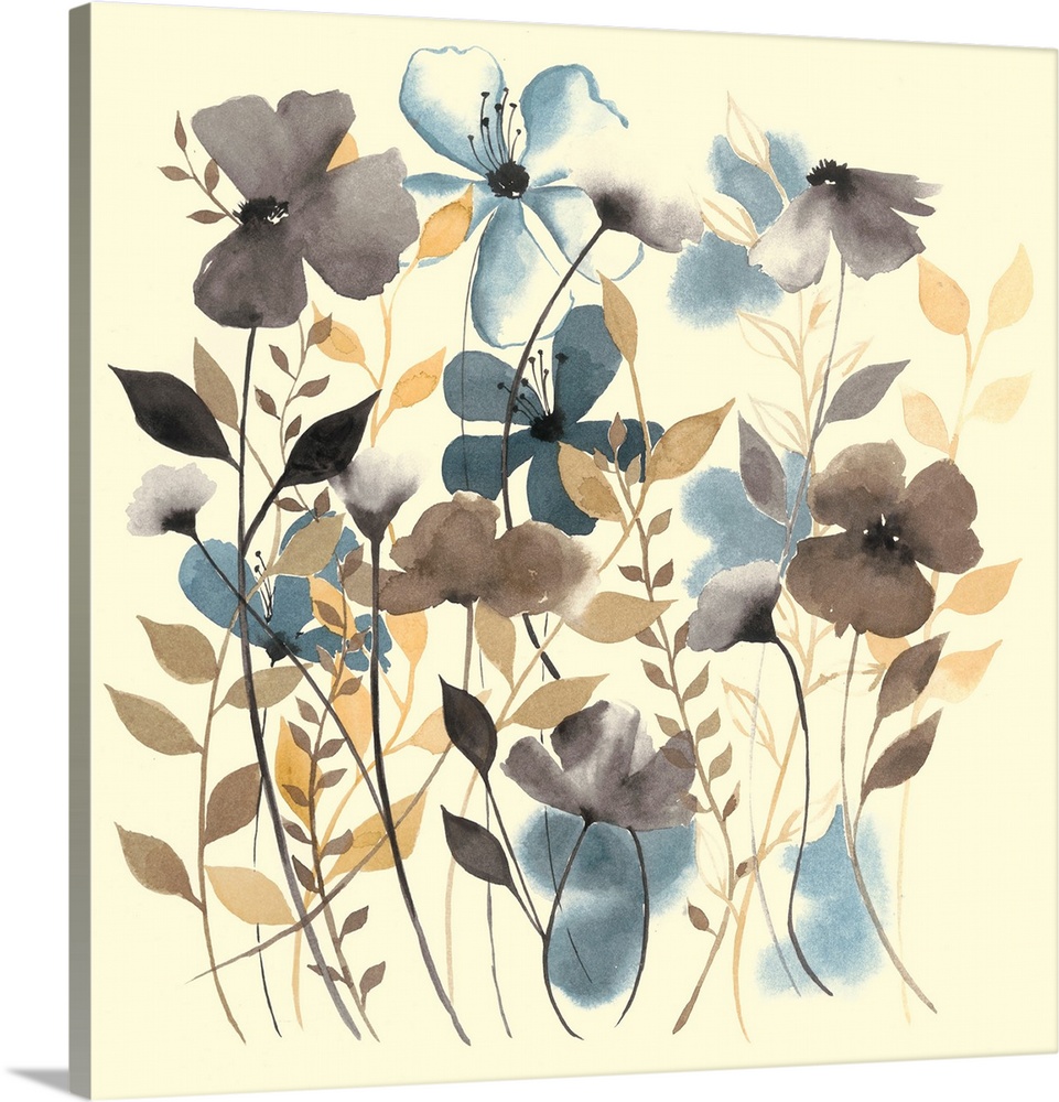 Contemporary watercolor painting of various flowers.