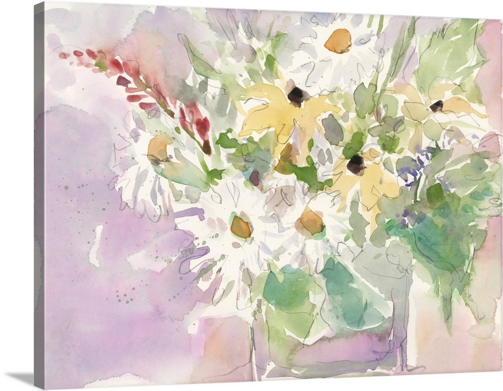 A volatile watercolor painting of a bouquet of garden flowers against a purple scenery.