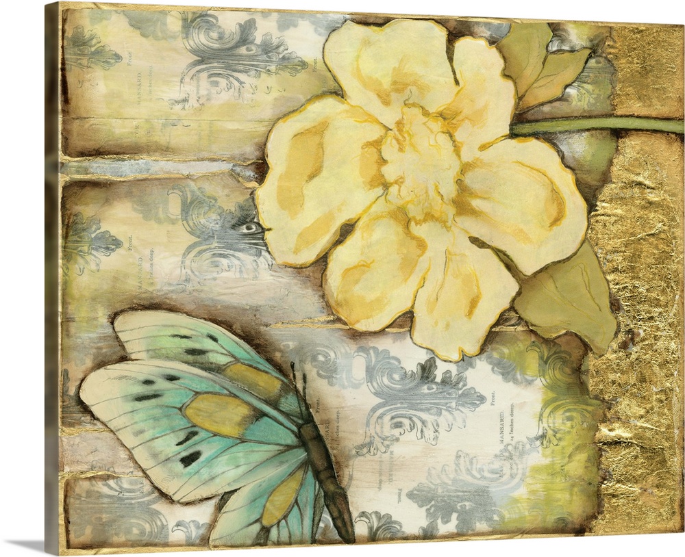 Contemporary painting of a golden flower and a teal butterfly against a weathered and textured background.