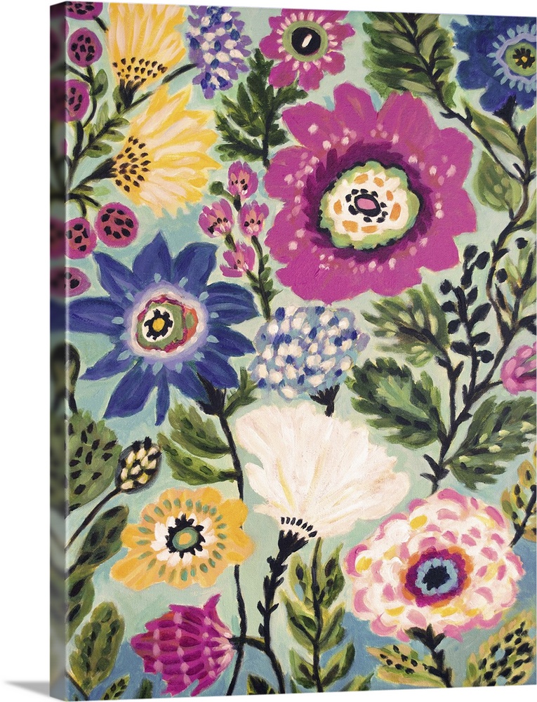 Colorful contemporary artwork of folk style blooming flowers in a variety of sizes and colors.