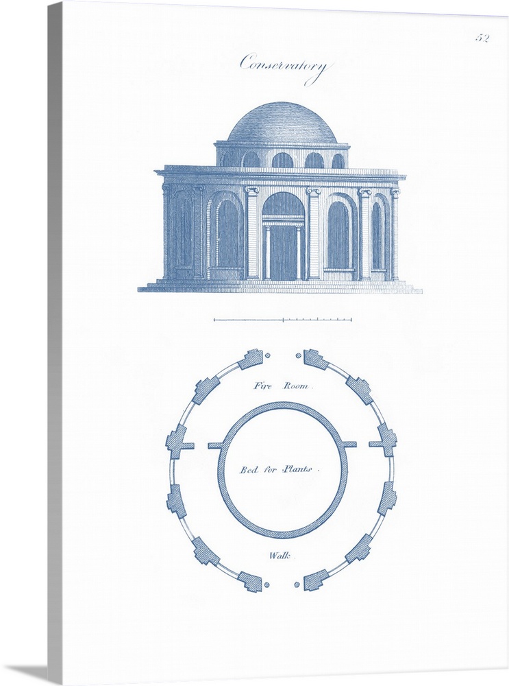 Vertical decorative artwork of a simple conservatory blueprint featuring an architectural drawing.