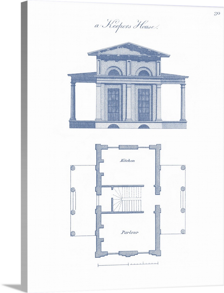 Vertical decorative artwork of a simple keeper's house blueprint featuring an architectural drawing.
