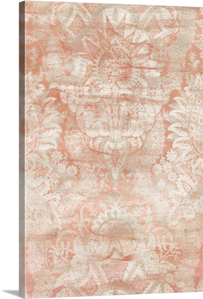 Vertical creative design of a white and peach floral design with a distressed appearance.