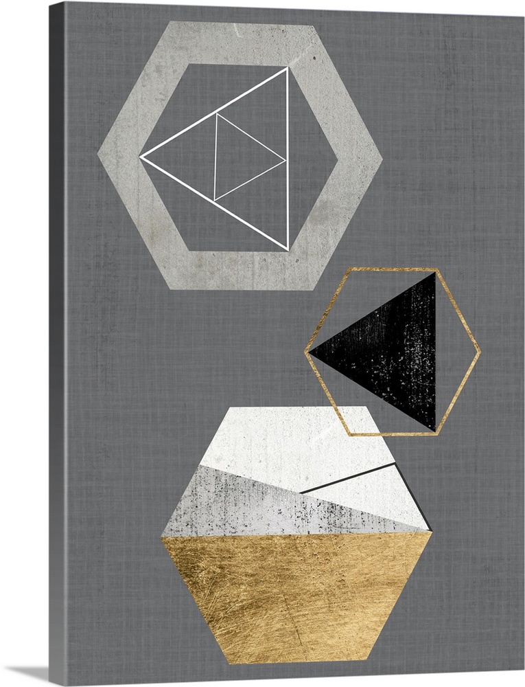 Abstract geometric artwork of triangular and hexagonal shapes in grey and gold.