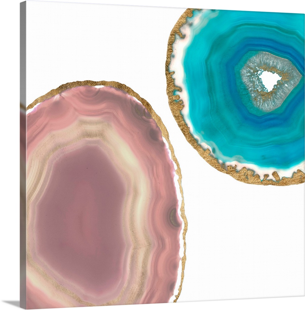 Decorative square art with teal and pink agate that has a metallic gold outline, on a white background.