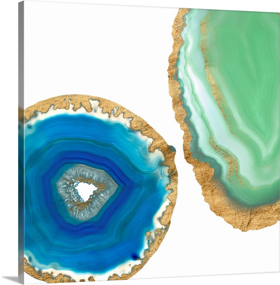 Decorative square art with blue and green agate that has a metallic gold outline, on a white background.